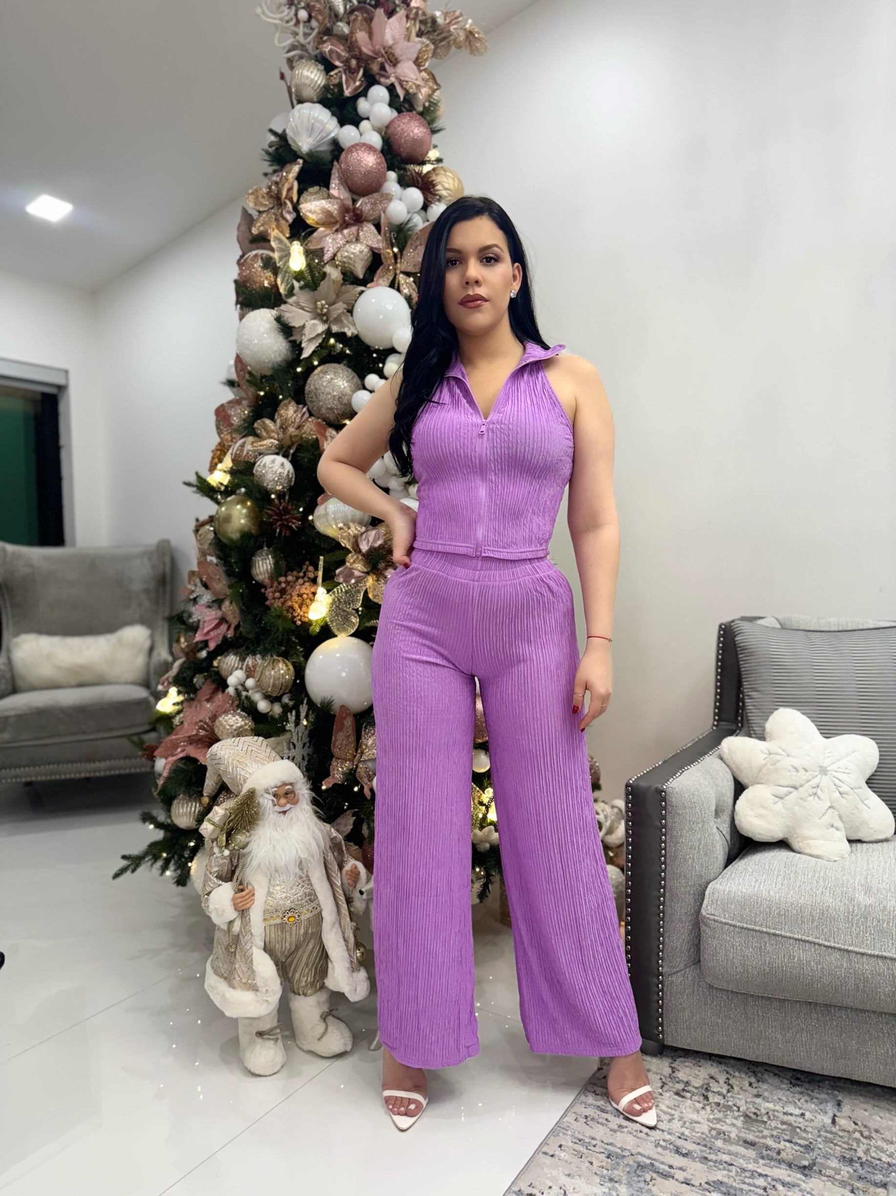 Lady Lilac Crinkle Texture Collar Zip up Pant Set – LA VERT BOUTIQUE