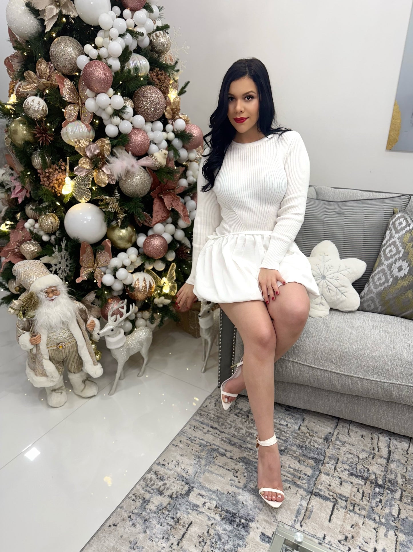 Ribbed Sweater Combination Bubble Skirt Mini Dress