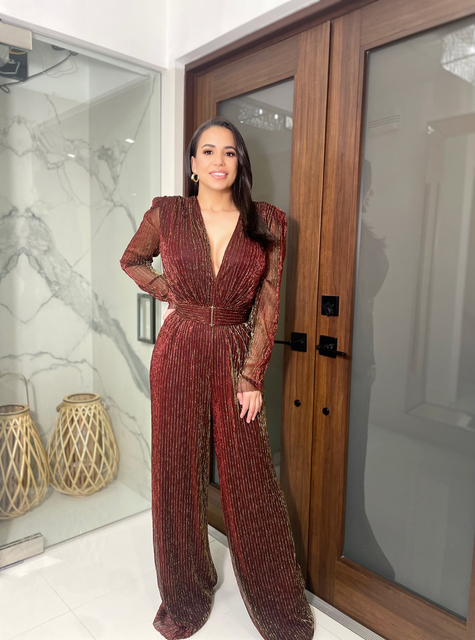 Golden Red Metallic Mesh Crinkle Jumpsuit LA VERT BOUTIQUE