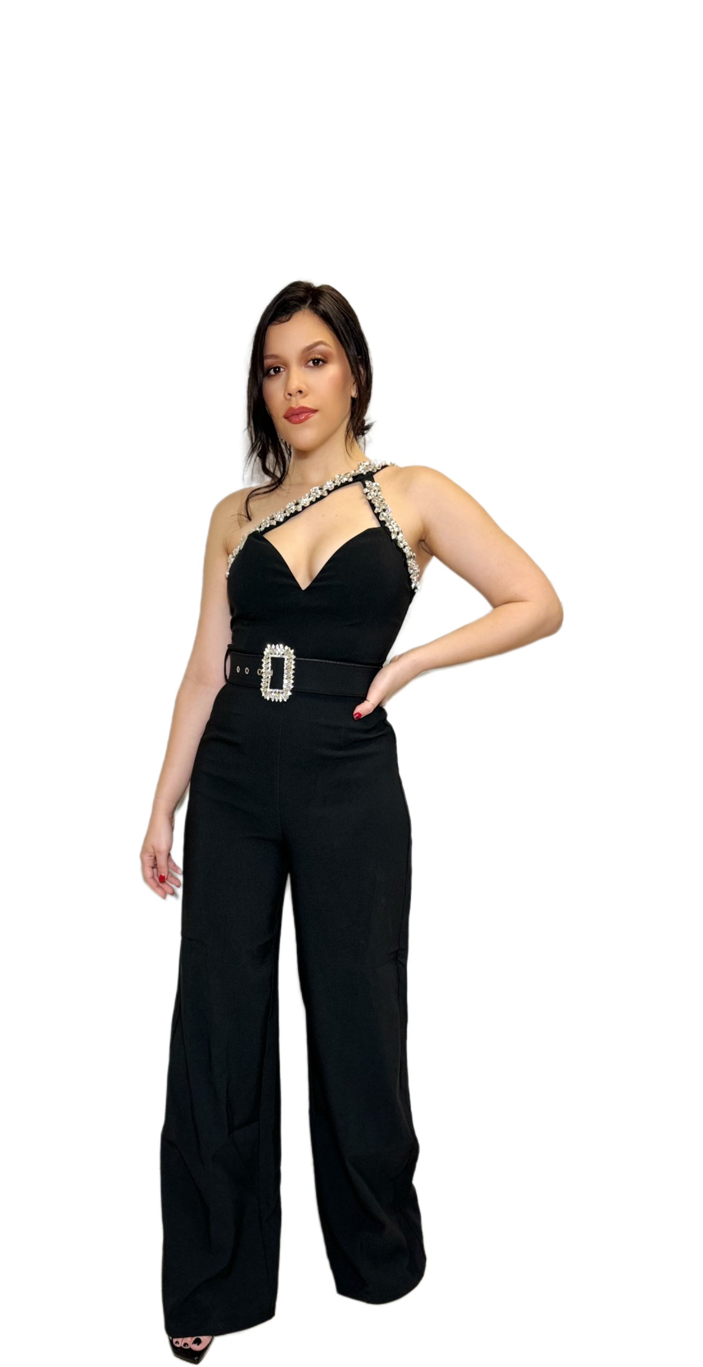 Jeweled Neck Wide Leg Jumpsuit