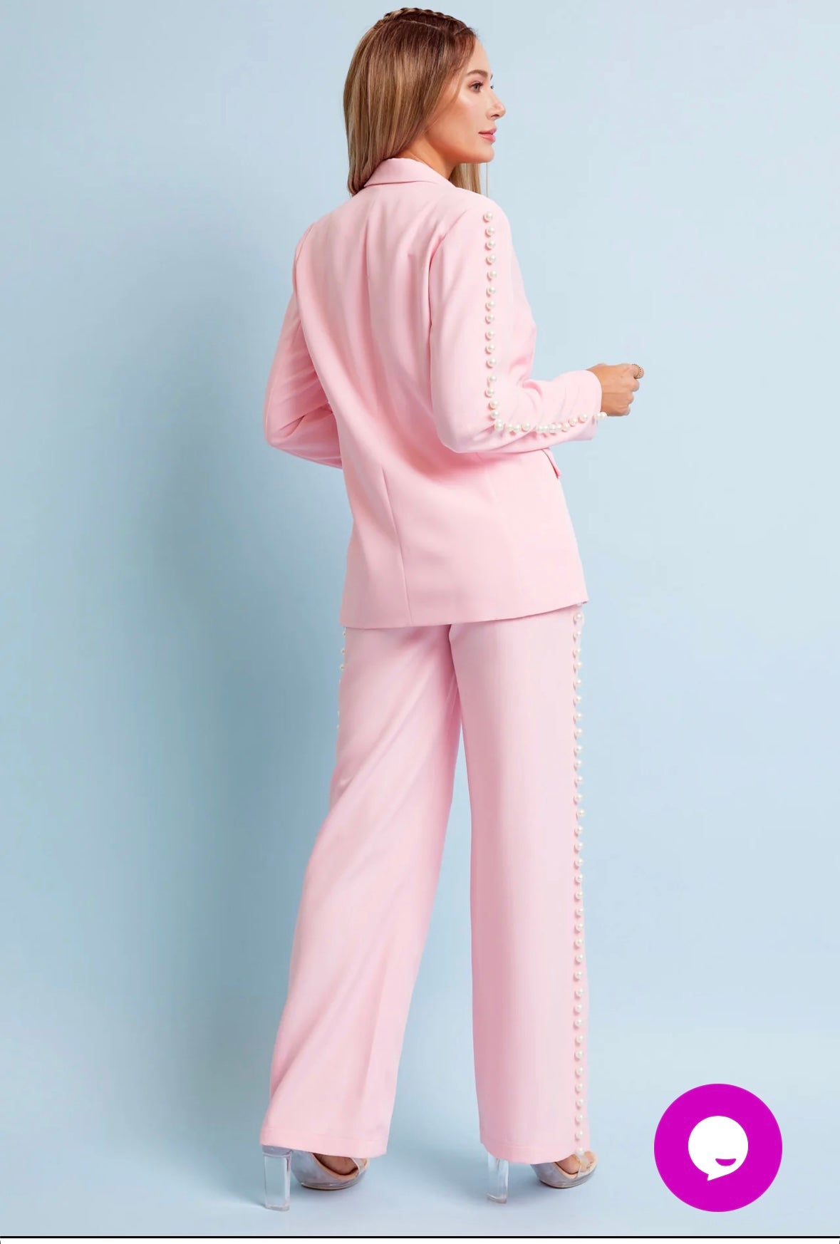Pink Pearl Trim Pant Set. 3 pcs. Top, Pant and Blazer