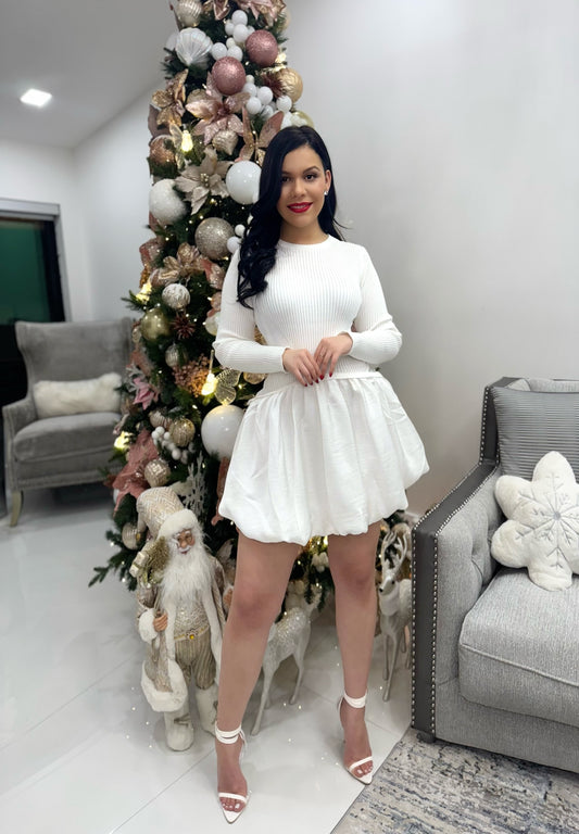 Ribbed Sweater Combination Bubble Skirt Mini Dress