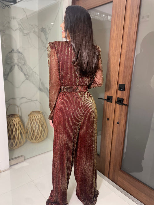Golden Red Metallic Mesh Crinkle Jumpsuit