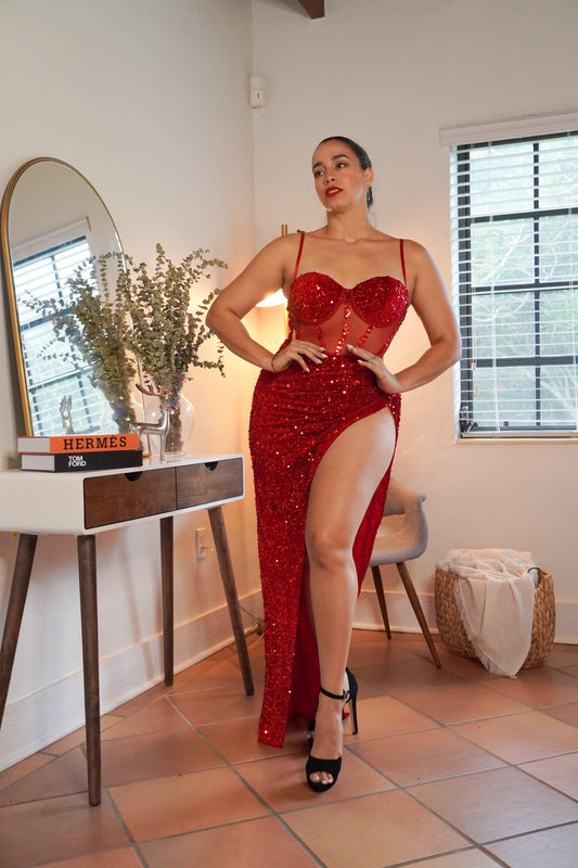 Red Sequin Corset Bodice Maxi Dress