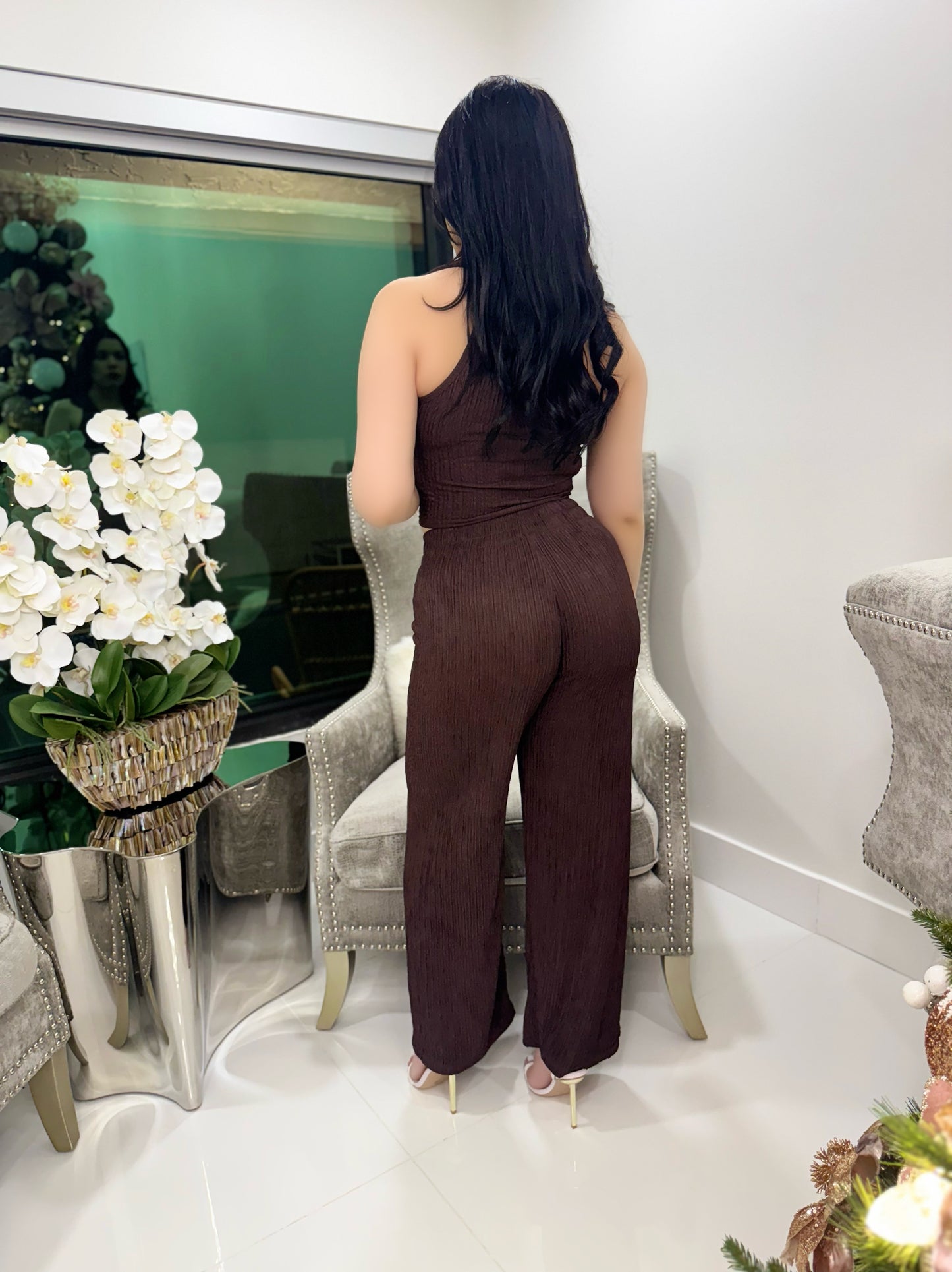 Espresso Crinkle Texture Collar Zip up Pant Set