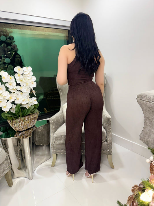 Espresso Crinkle Texture Collar Zip up Pant Set