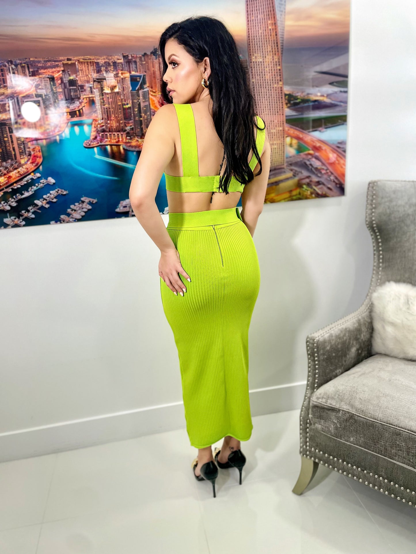 Lime Crop Top Skirt Set
