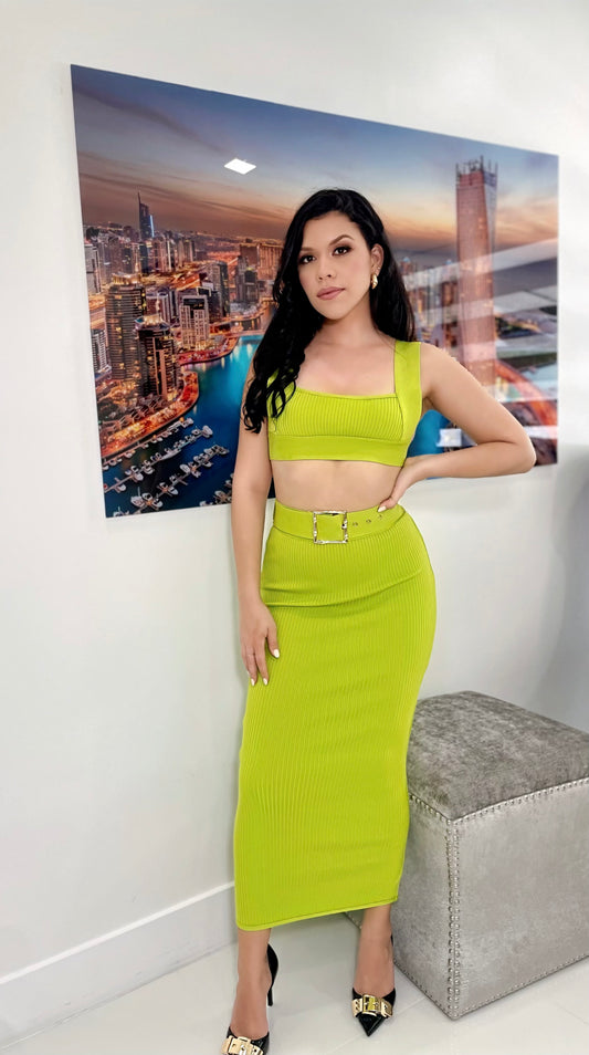 Lime Crop Top Skirt Set