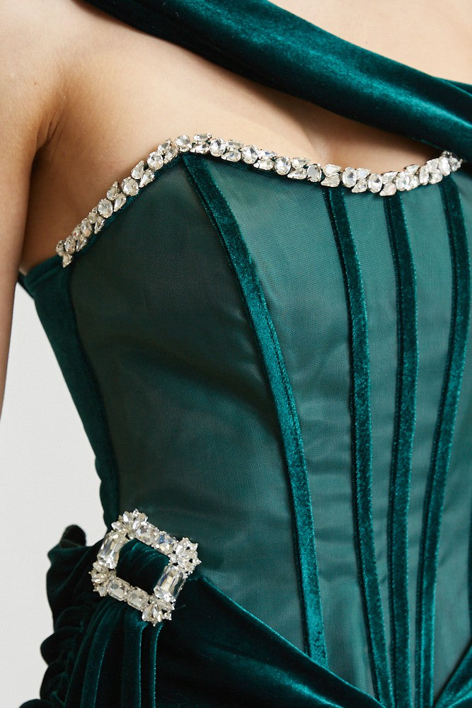 Hunter Green Velvet Rhinestone Draped Corset Dress LA VERT BOUTIQUE Hunter Green Velvet Rhinestone Draped Corset Dress LA VERT BOUTIQUE